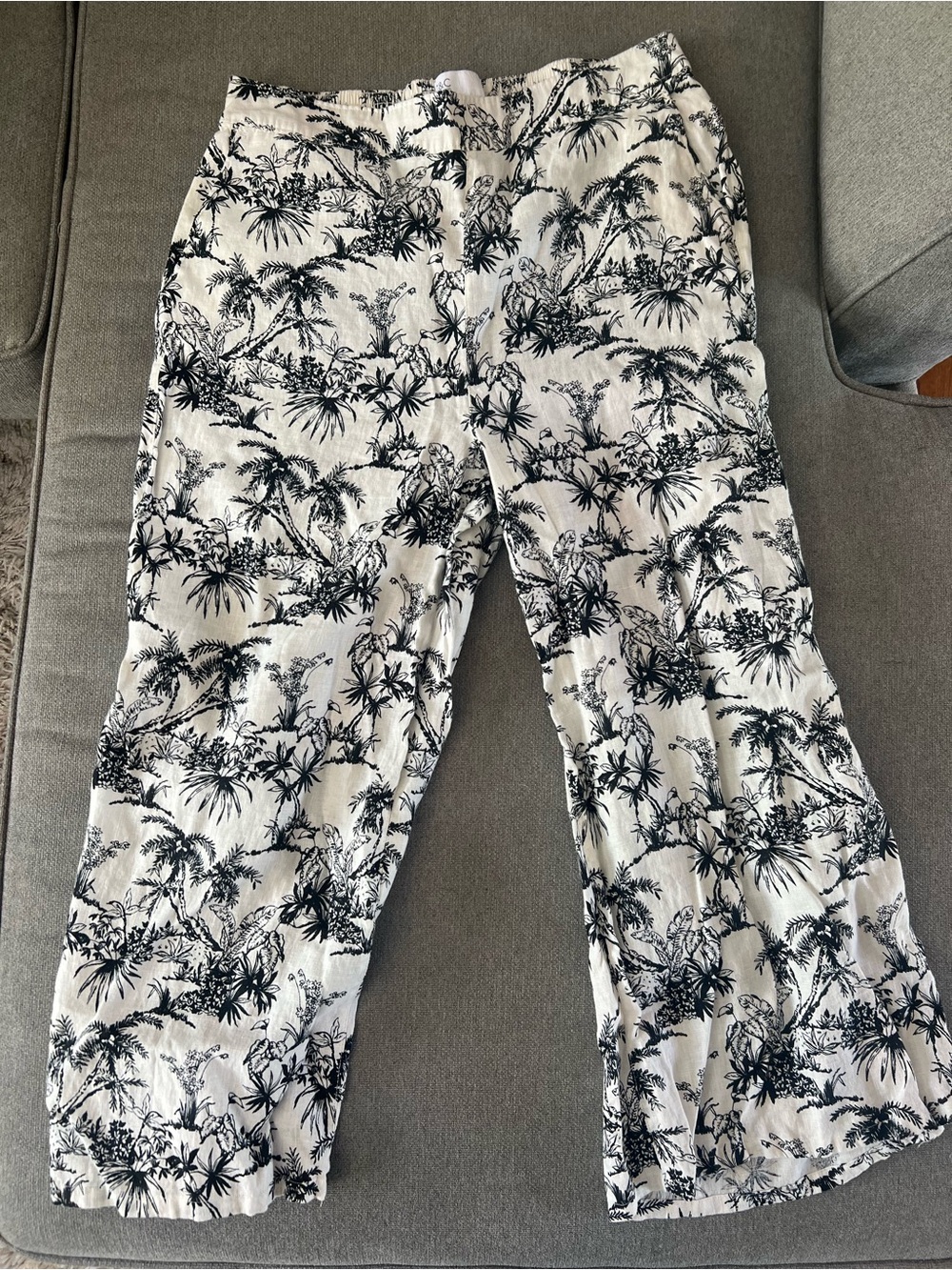 100% Linen Tropical Print Wide-Leg Pants
